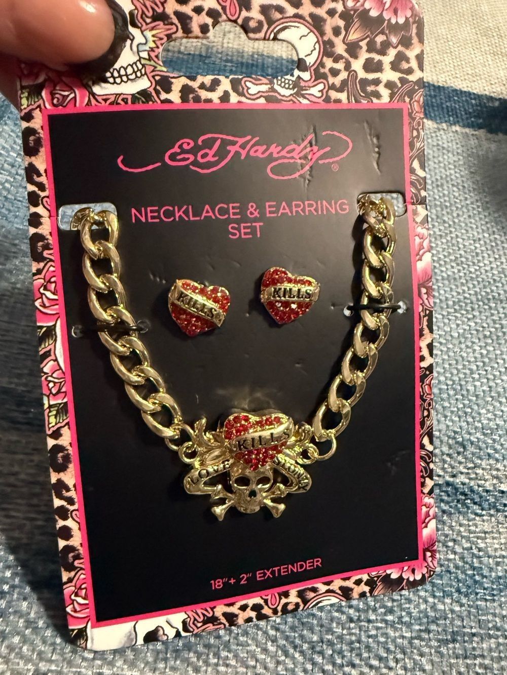 Ed Hardy Gold-tone 'Love Kills' Heart & Skull Necklace and Stud Earrings - Red